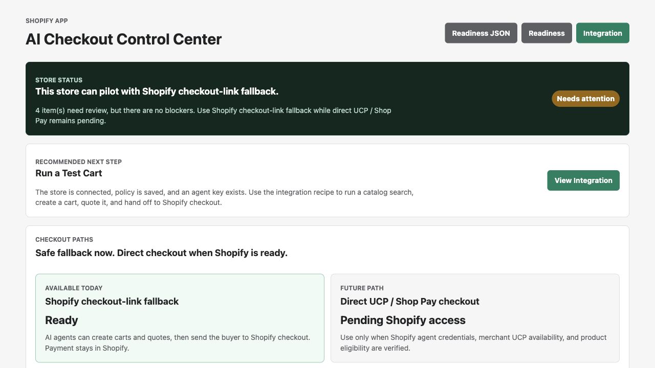 CartBridge AI Checkout Control Center dashboard showing store status and checkout paths